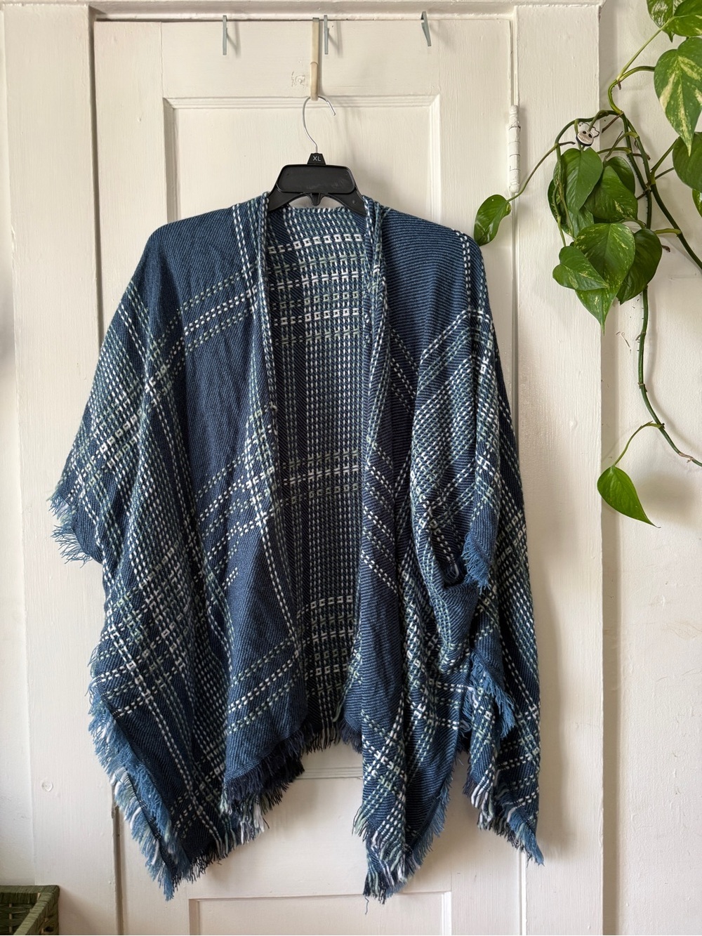 Plaid Knit Fringe Poncho - Blue
